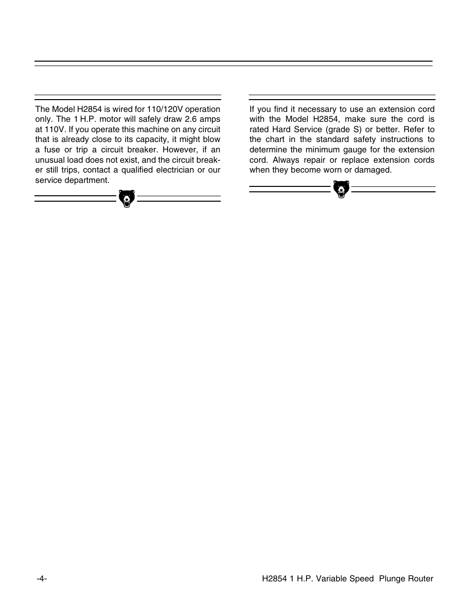 110v operation, Extension cords | Grizzly H2854 User Manual | Page 6 / 24