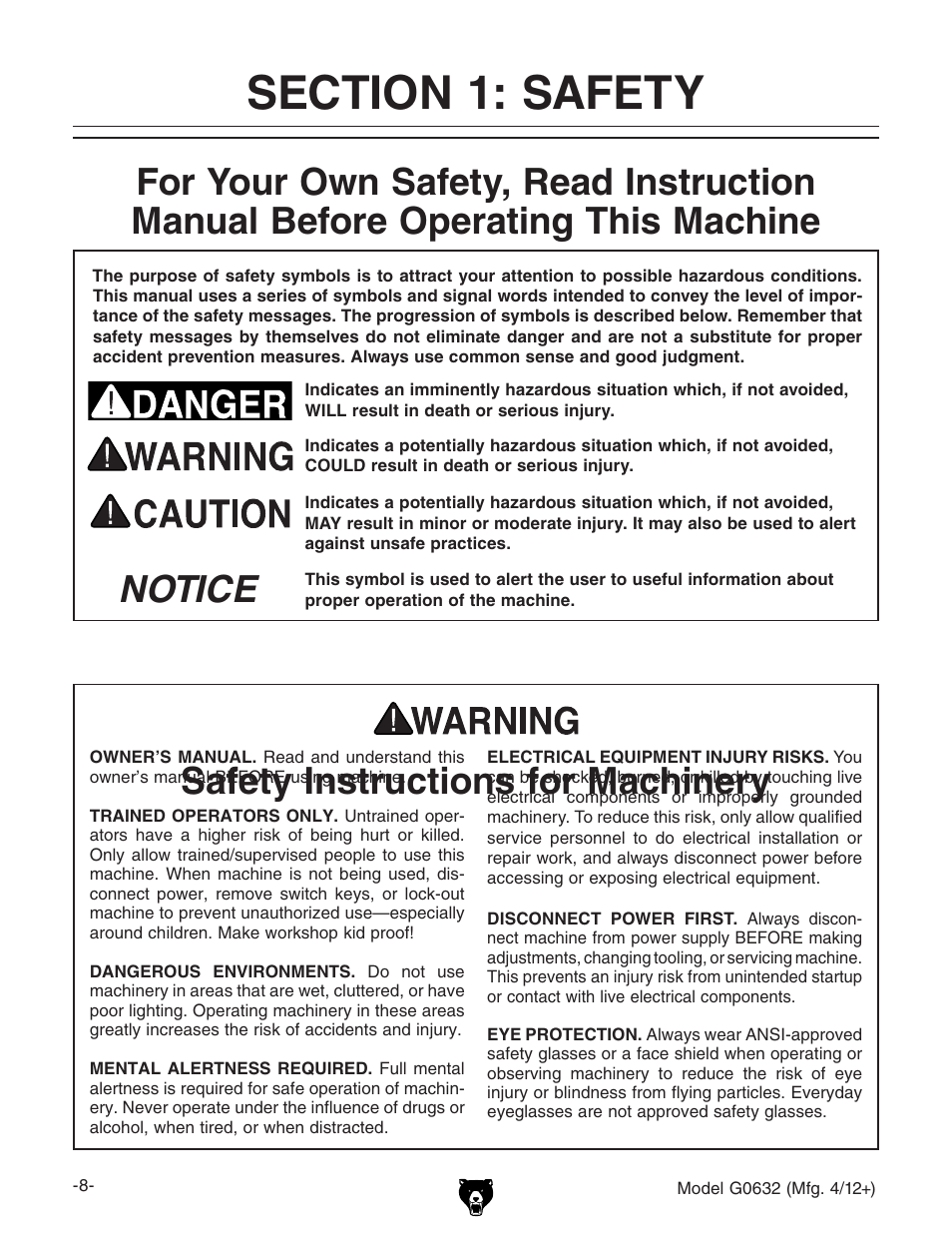 Notice safety instructions for machinery | Grizzly Variable Speed Wood G0632 User Manual | Page 10 / 56
