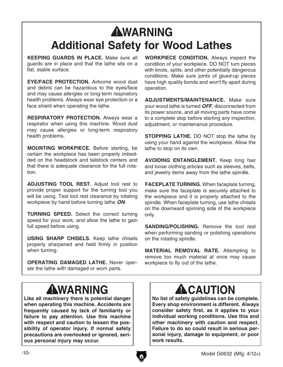 Additional safety for wood lathes | Grizzly Variable Speed Wood G0632 User Manual | Page 12 / 56