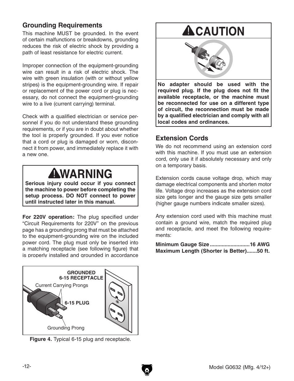 Extension cords, Grounding requirements | Grizzly Variable Speed Wood G0632 User Manual | Page 14 / 56
