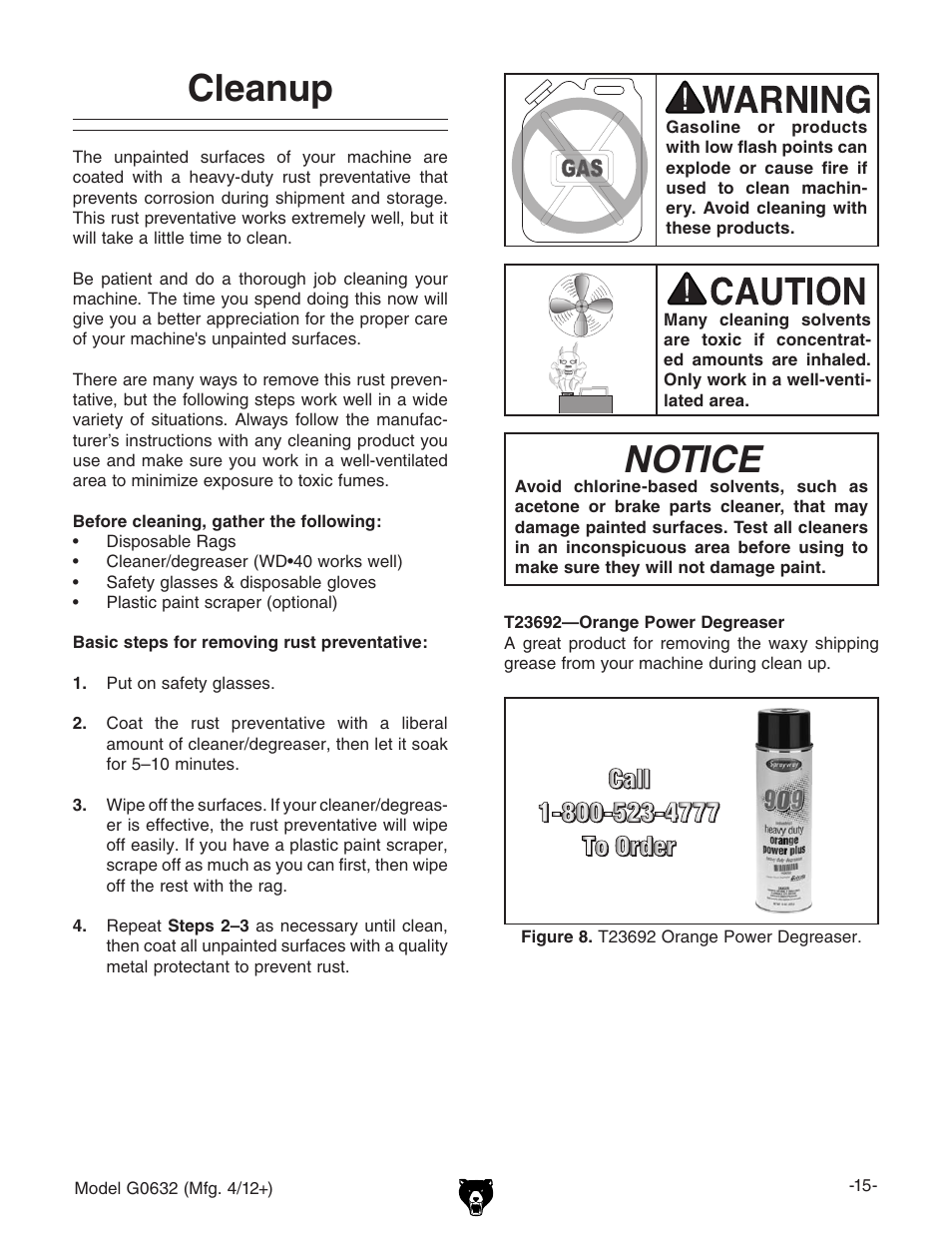 Notice, Cleanup | Grizzly Variable Speed Wood G0632 User Manual | Page 17 / 56