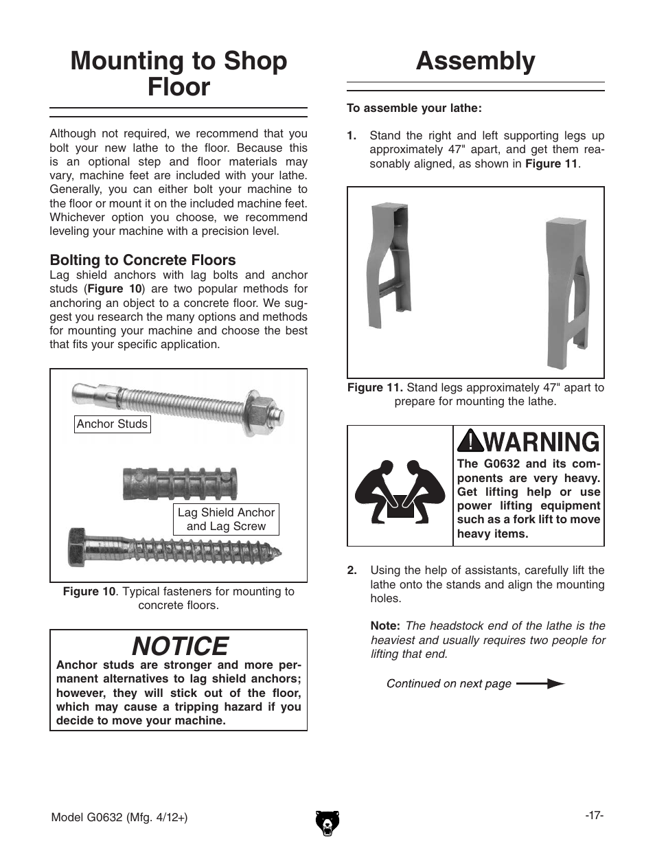 Assembly, Mounting to shop floor, Notice | Grizzly Variable Speed Wood G0632 User Manual | Page 19 / 56