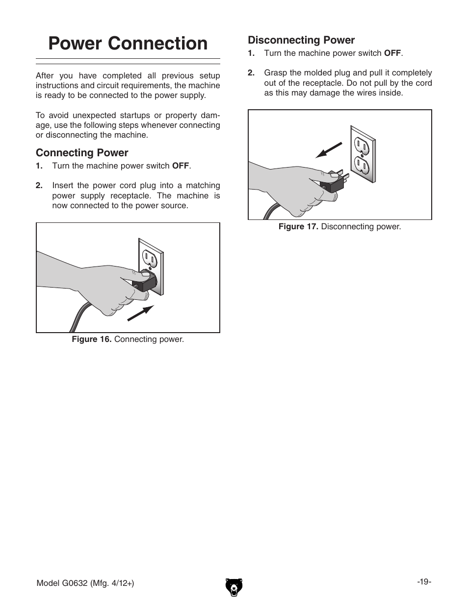Power connection | Grizzly Variable Speed Wood G0632 User Manual | Page 21 / 56