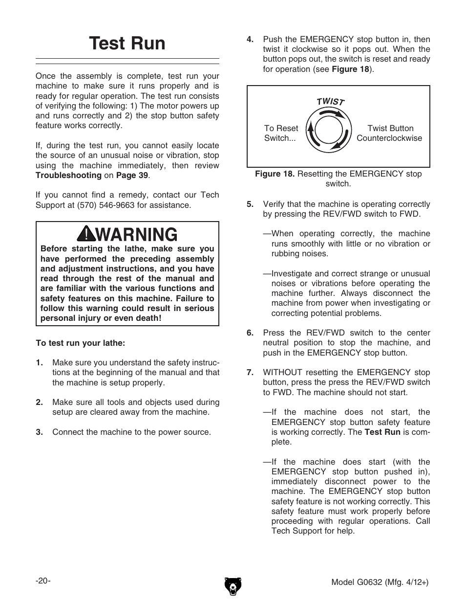 Test run | Grizzly Variable Speed Wood G0632 User Manual | Page 22 / 56