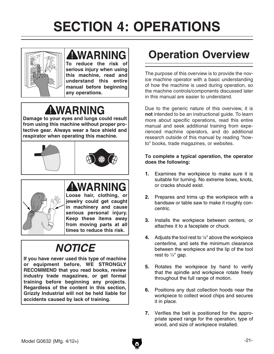 Notice, Operation overview | Grizzly Variable Speed Wood G0632 User Manual | Page 23 / 56