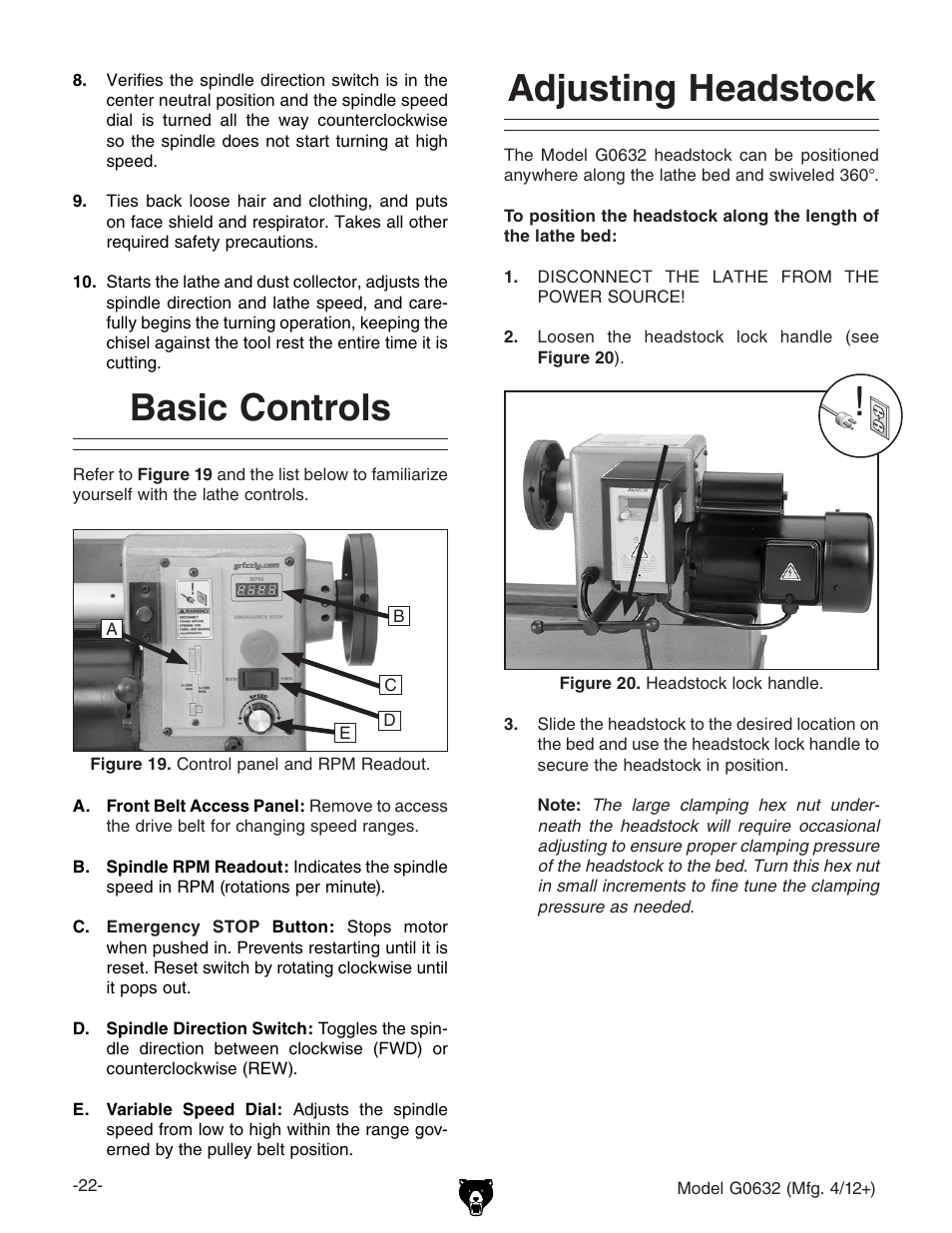 Adjusting headstock, Basic controls | Grizzly Variable Speed Wood G0632 User Manual | Page 24 / 56