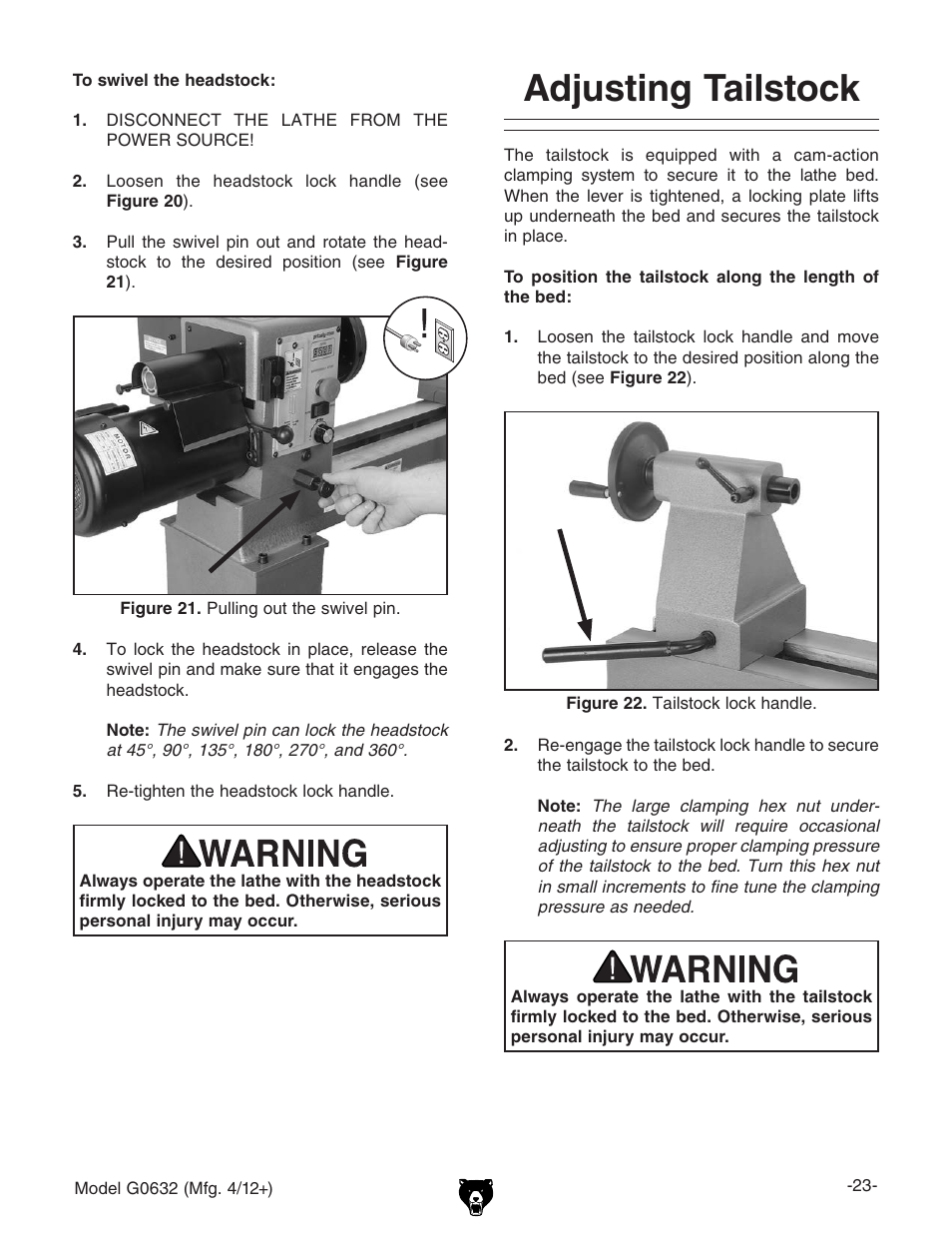 Adjusting tailstock | Grizzly Variable Speed Wood G0632 User Manual | Page 25 / 56