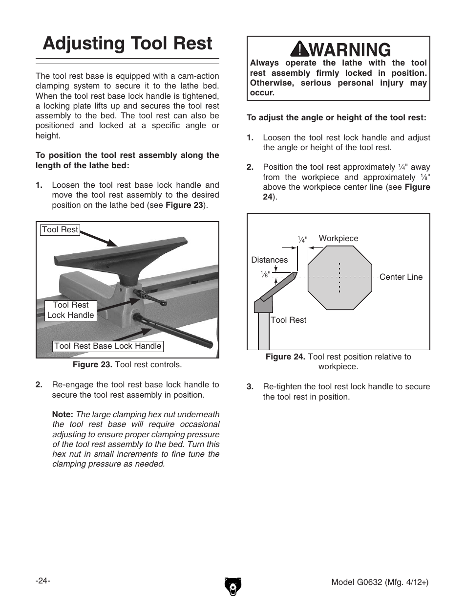 Adjusting tool rest | Grizzly Variable Speed Wood G0632 User Manual | Page 26 / 56