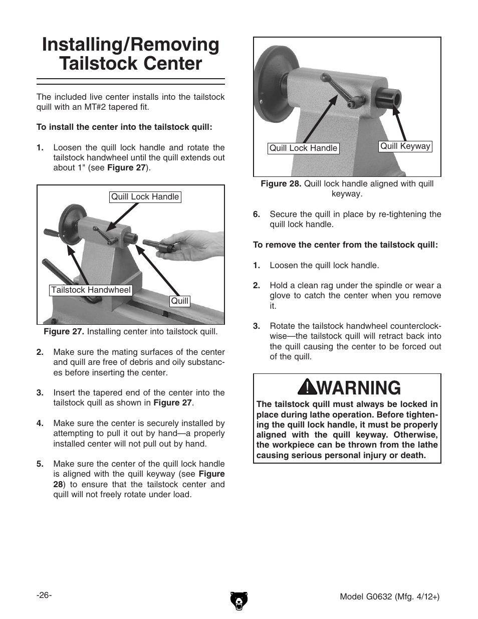 Installing/removing tailstock center | Grizzly Variable Speed Wood G0632 User Manual | Page 28 / 56