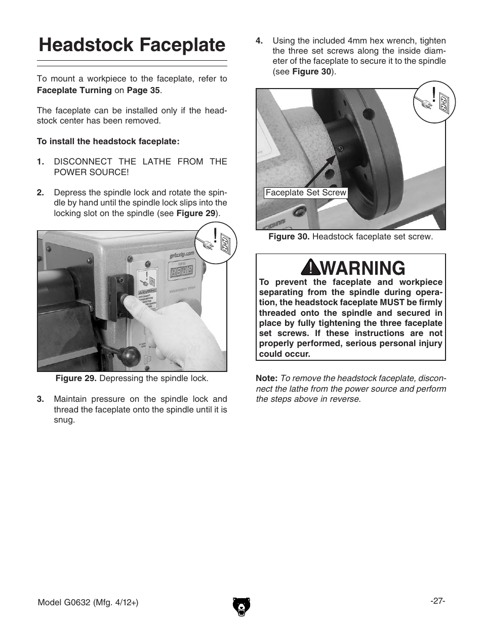 Headstock faceplate | Grizzly Variable Speed Wood G0632 User Manual | Page 29 / 56