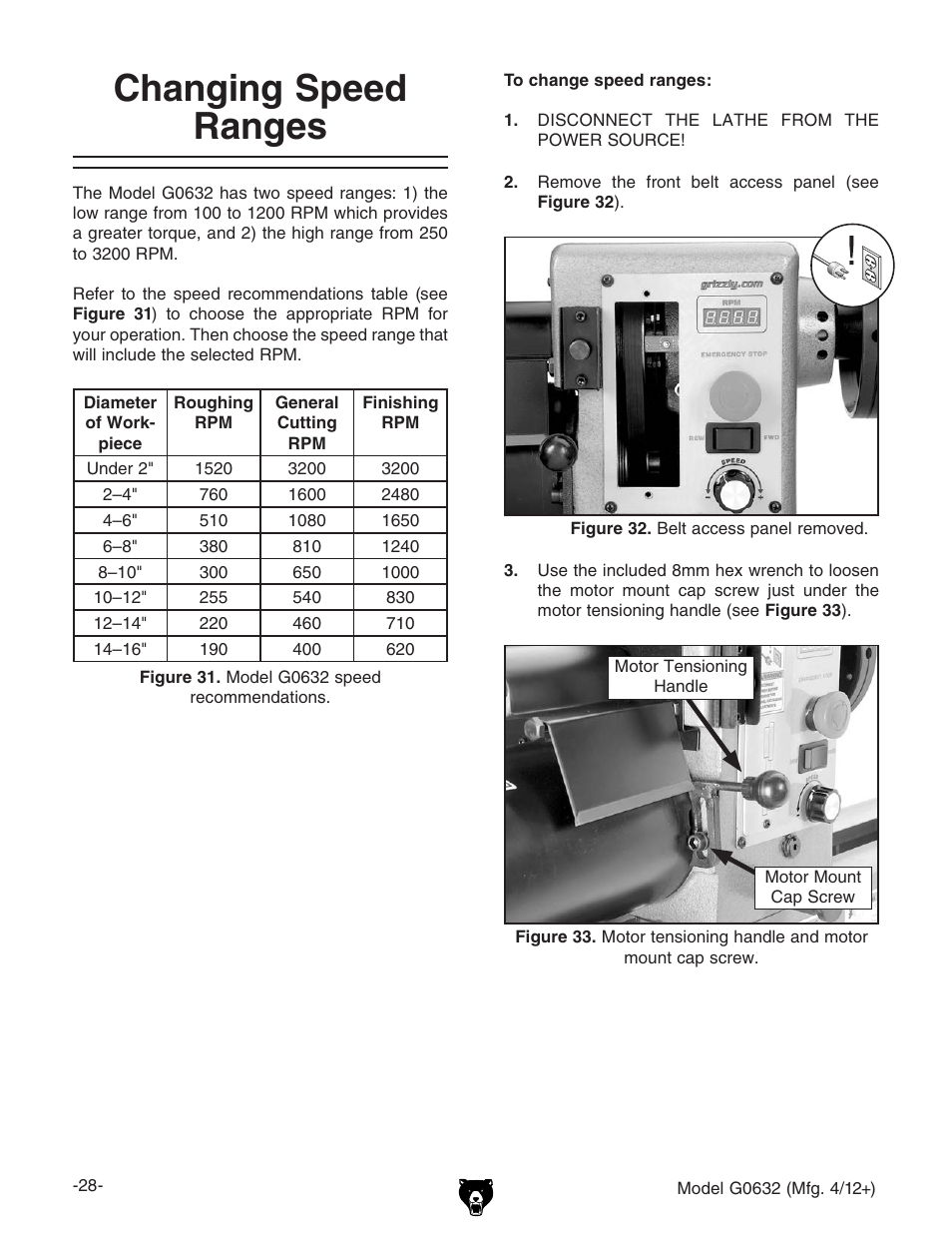 Changing speed ranges | Grizzly Variable Speed Wood G0632 User Manual | Page 30 / 56