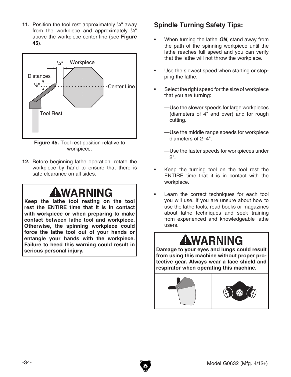 Spindle turning safety tips | Grizzly Variable Speed Wood G0632 User Manual | Page 36 / 56