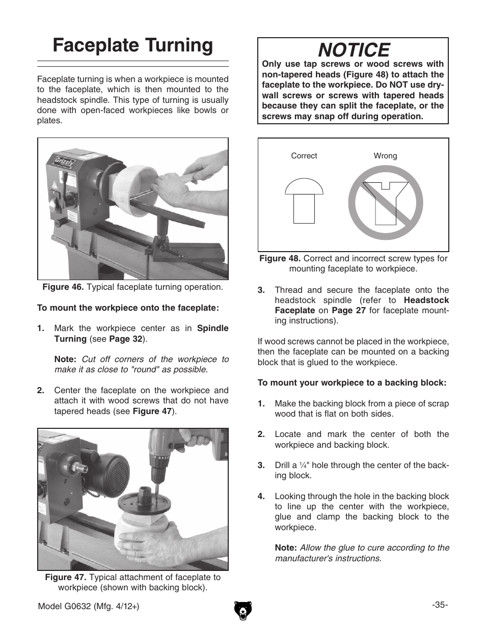 Faceplate turning, Notice | Grizzly Variable Speed Wood G0632 User Manual | Page 37 / 56