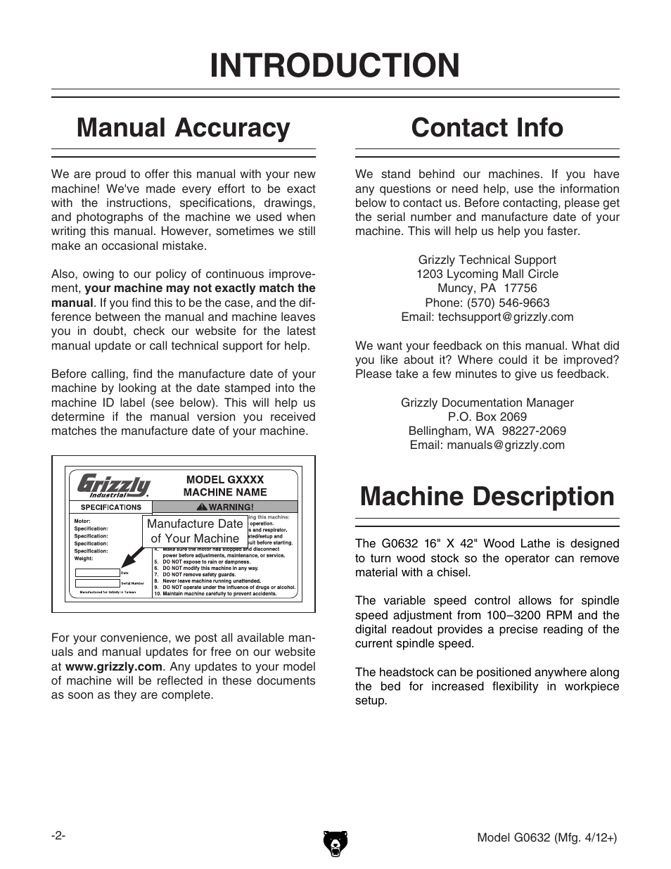Introduction, Manual accuracy, Contact info machine description | Grizzly Variable Speed Wood G0632 User Manual | Page 4 / 56