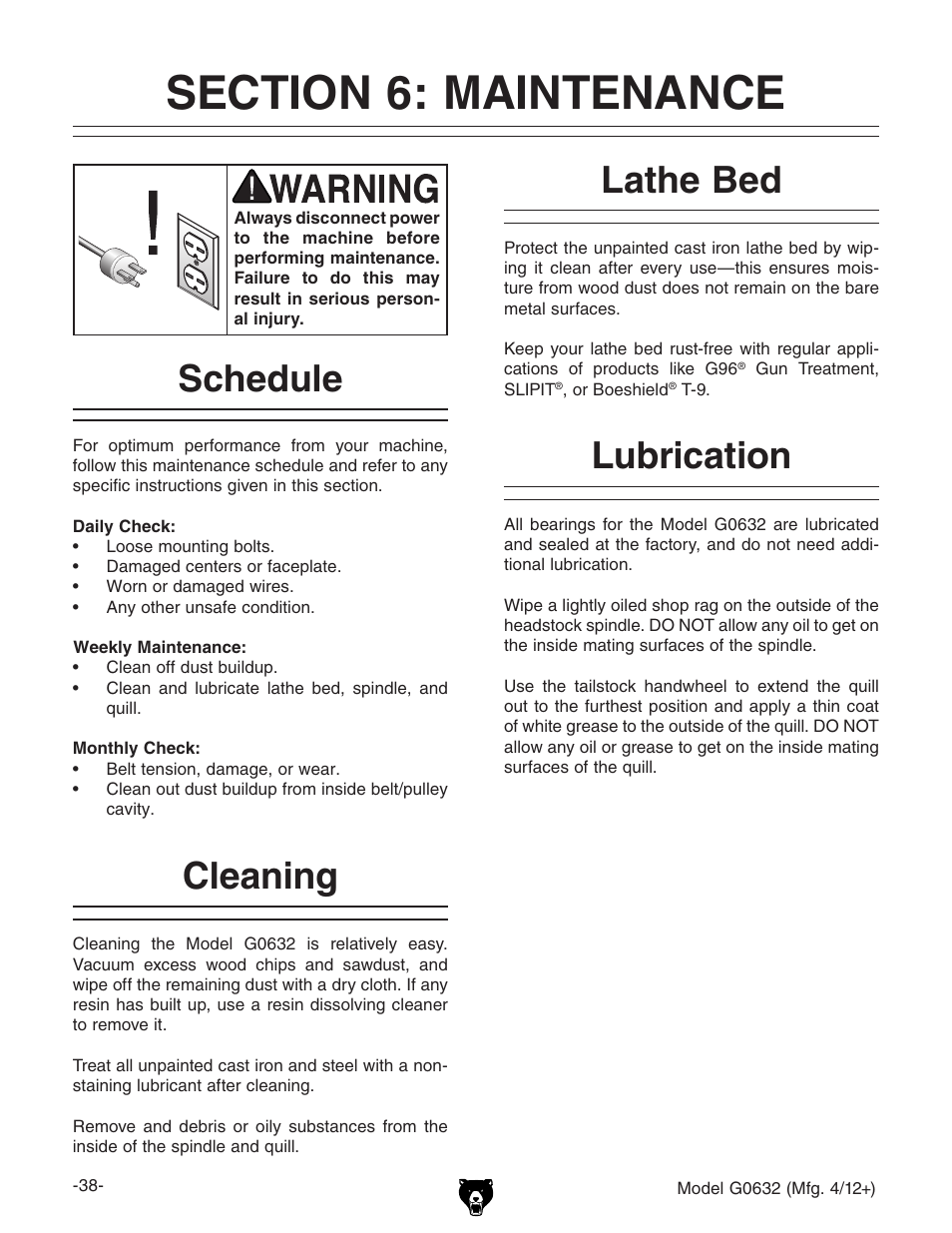 Schedule, Cleaning, Lathe bed lubrication | Grizzly Variable Speed Wood G0632 User Manual | Page 40 / 56