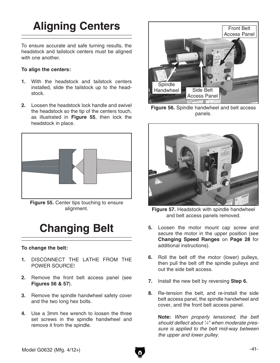 Aligning centers, Changing belt | Grizzly Variable Speed Wood G0632 User Manual | Page 43 / 56