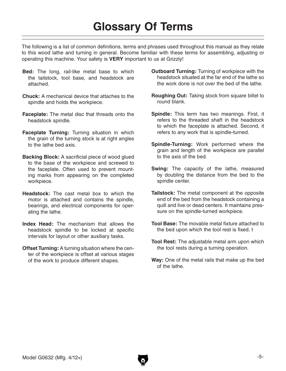 Glossary of terms | Grizzly Variable Speed Wood G0632 User Manual | Page 7 / 56