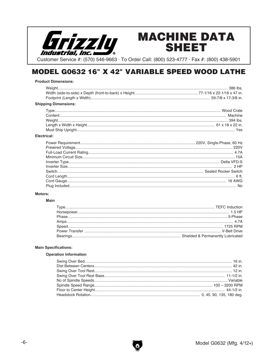 Machine data sheet | Grizzly Variable Speed Wood G0632 User Manual | Page 8 / 56