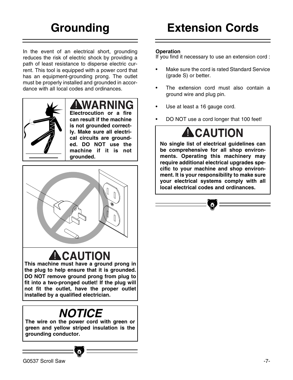 Notice, Extension cords grounding | Grizzly G0537 User Manual | Page 10 / 31