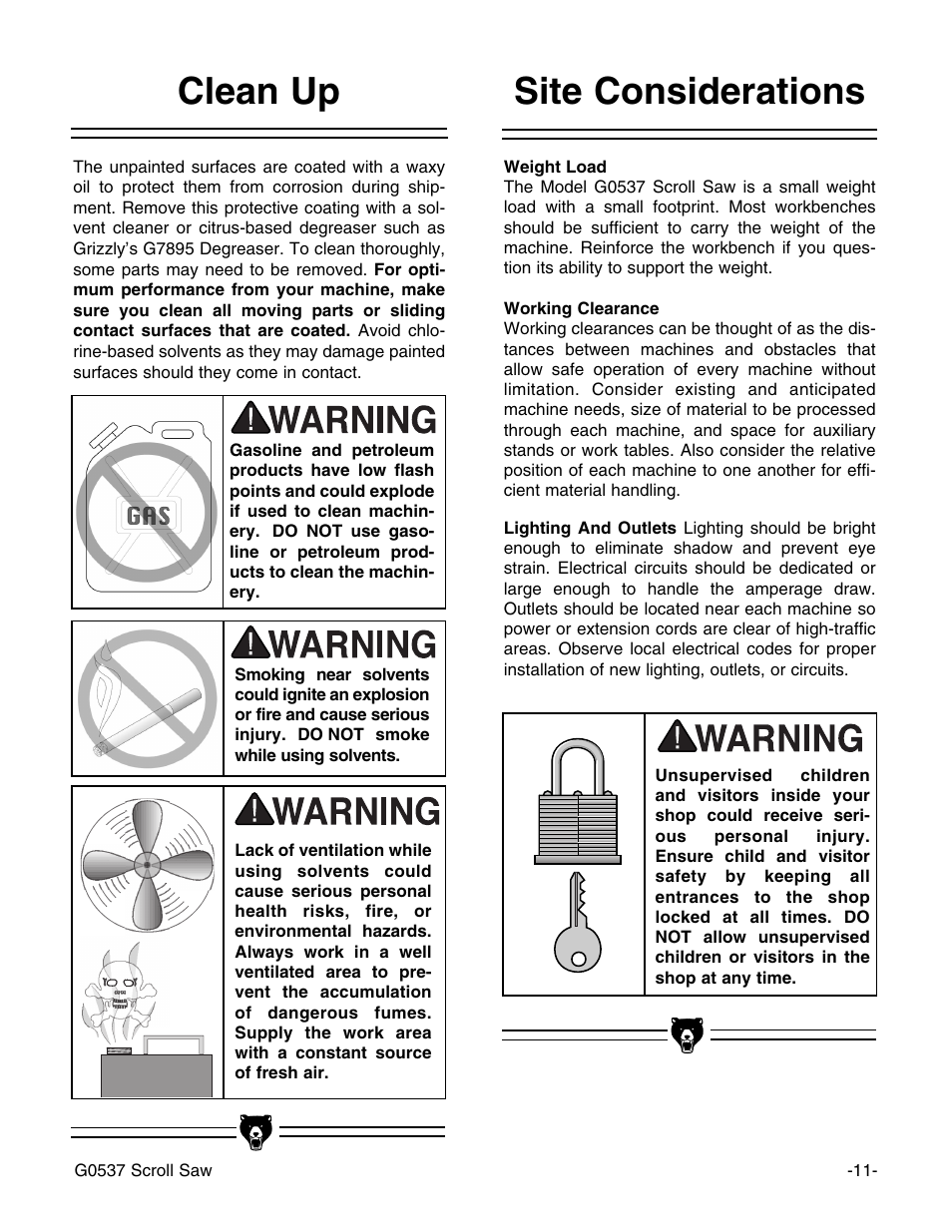 Site considerations clean up | Grizzly G0537 User Manual | Page 14 / 31