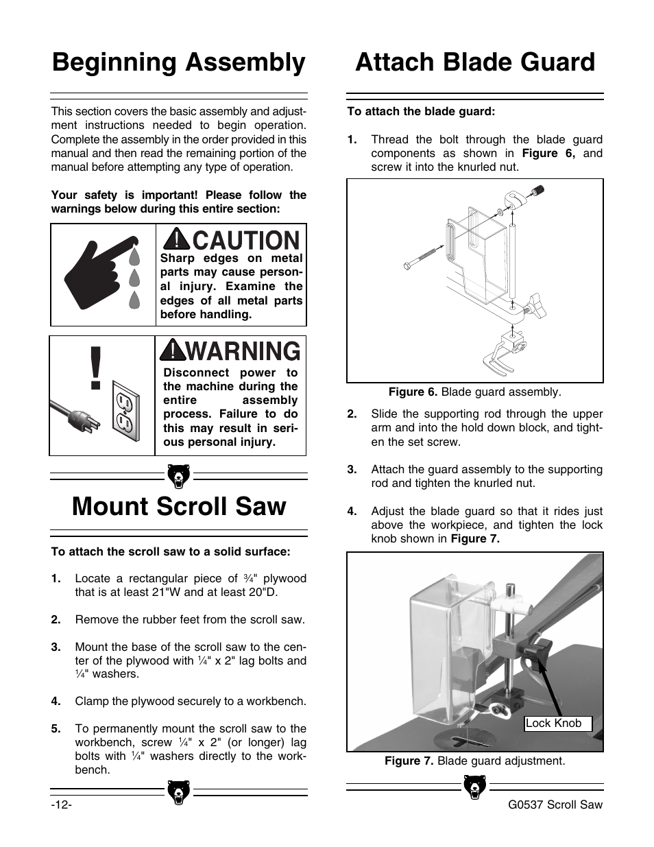 Mount scroll saw, Attach blade guard beginning assembly | Grizzly G0537 User Manual | Page 15 / 31