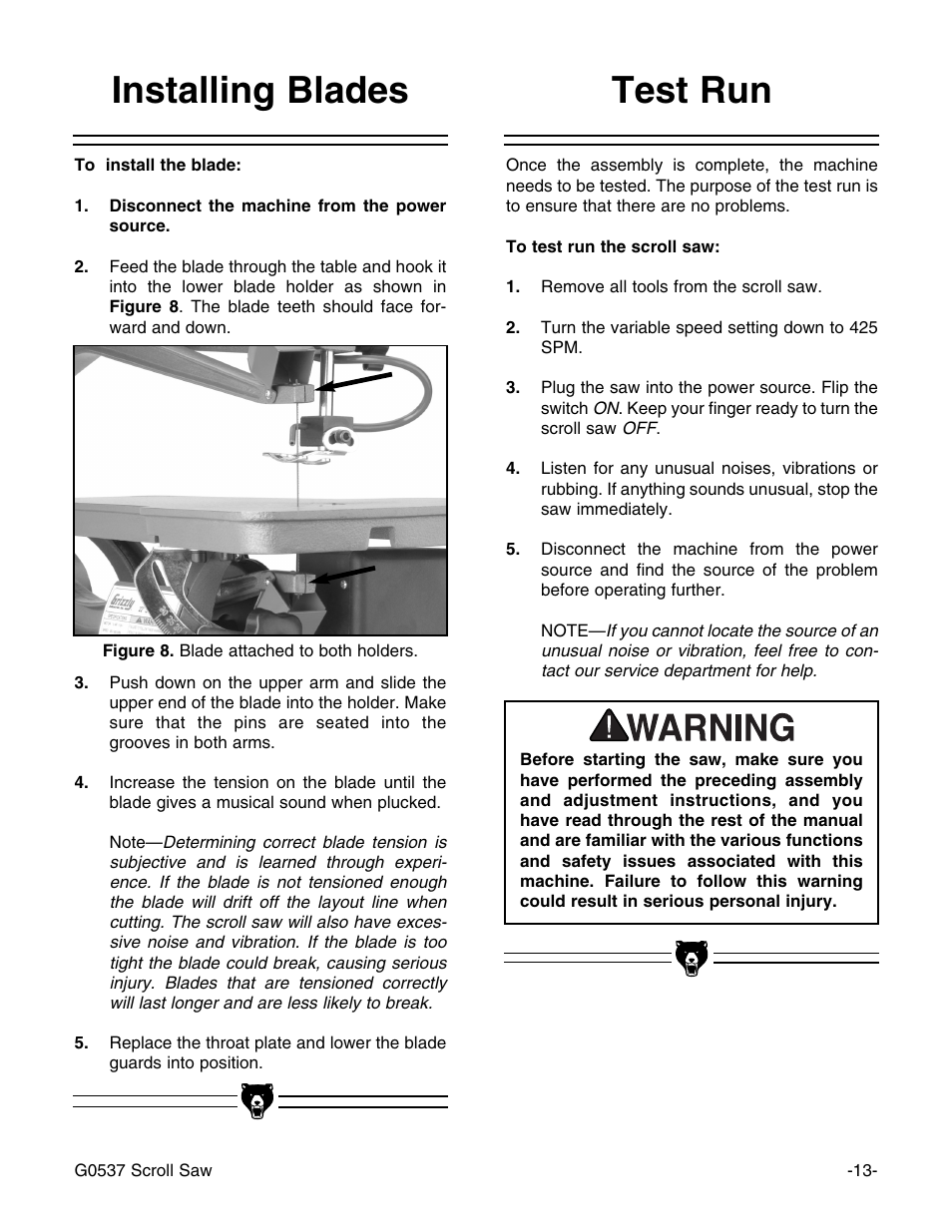 Test run installing blades | Grizzly G0537 User Manual | Page 16 / 31