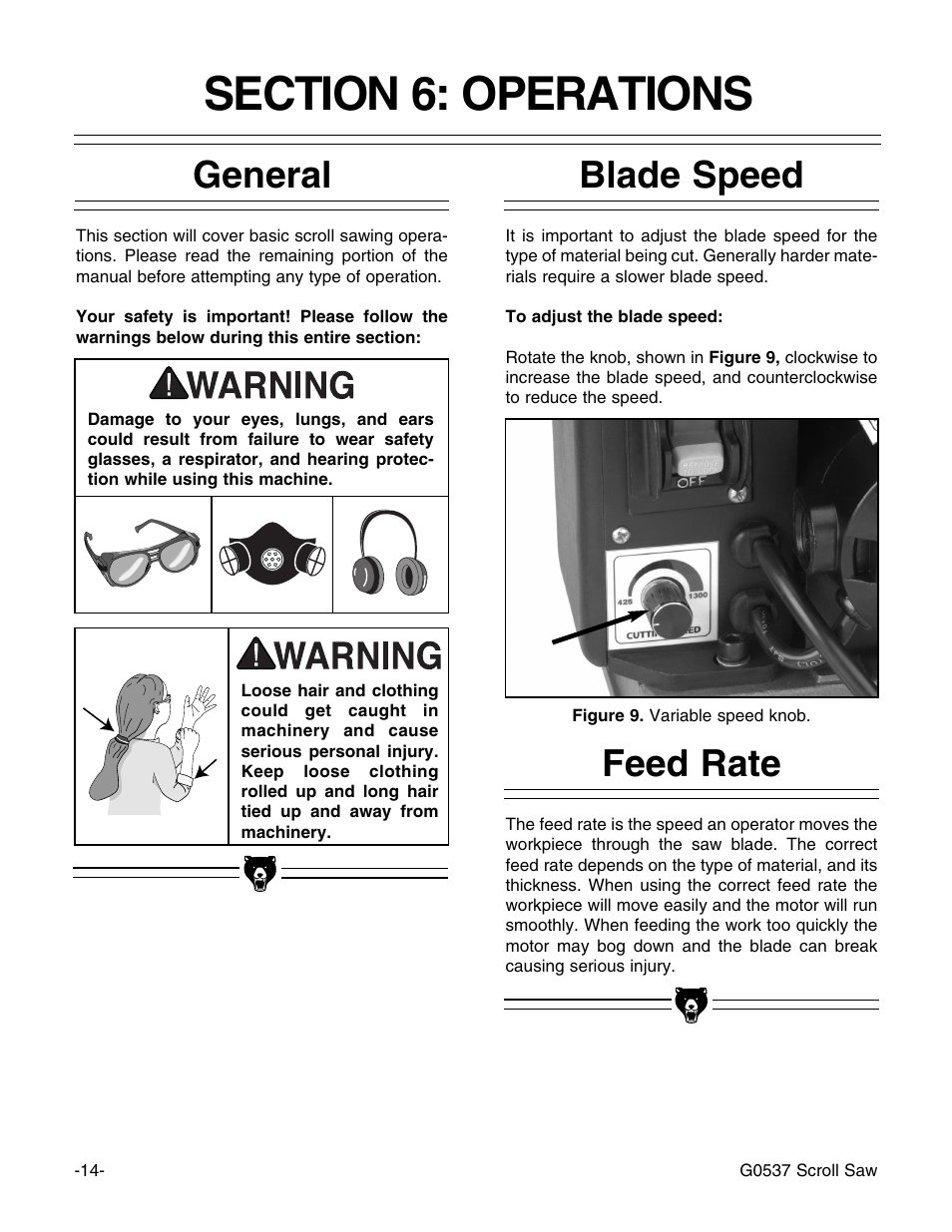 Feed rate blade speed general | Grizzly G0537 User Manual | Page 17 / 31