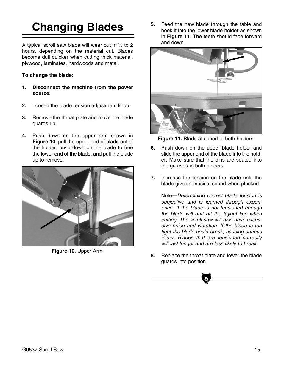 Changing blades | Grizzly G0537 User Manual | Page 18 / 31