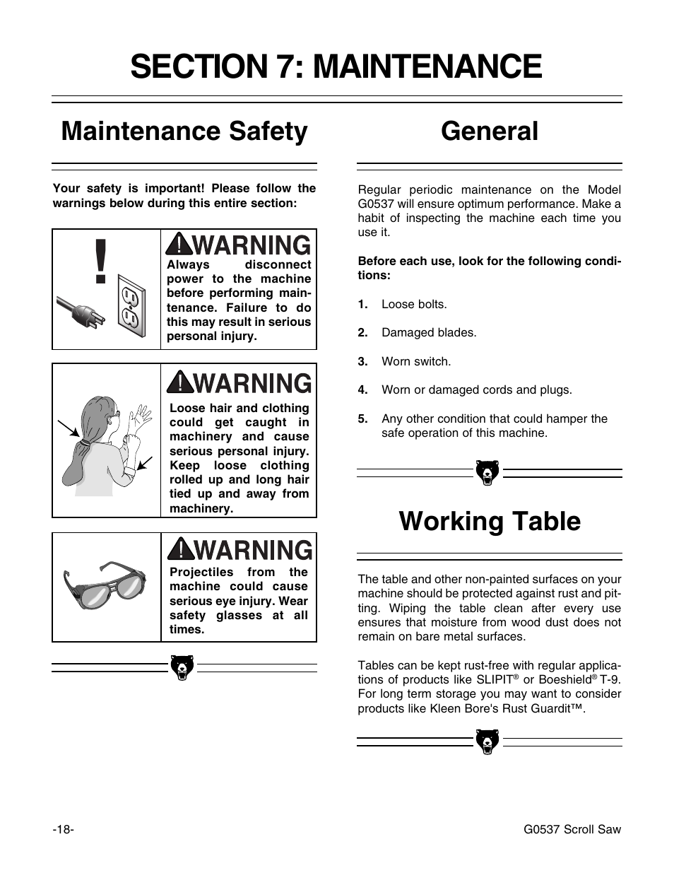 Working table general maintenance safety | Grizzly G0537 User Manual | Page 21 / 31