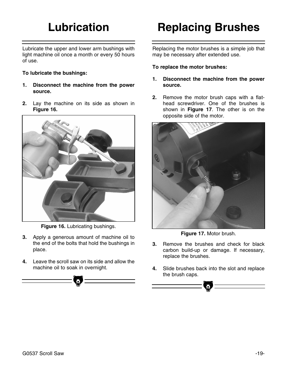 Replacing brushes lubrication | Grizzly G0537 User Manual | Page 22 / 31