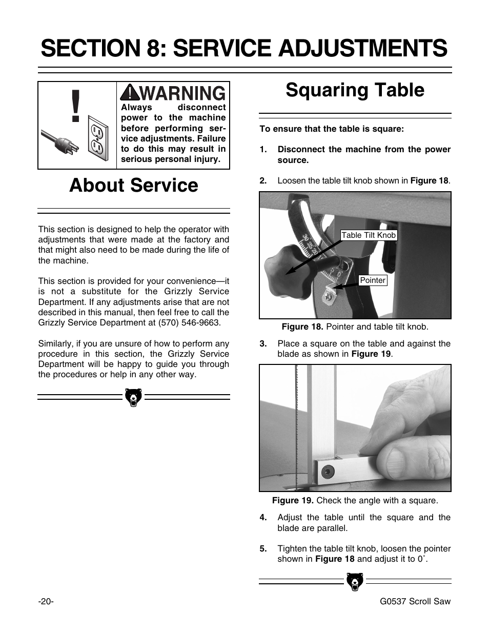 Squaring table about service | Grizzly G0537 User Manual | Page 23 / 31