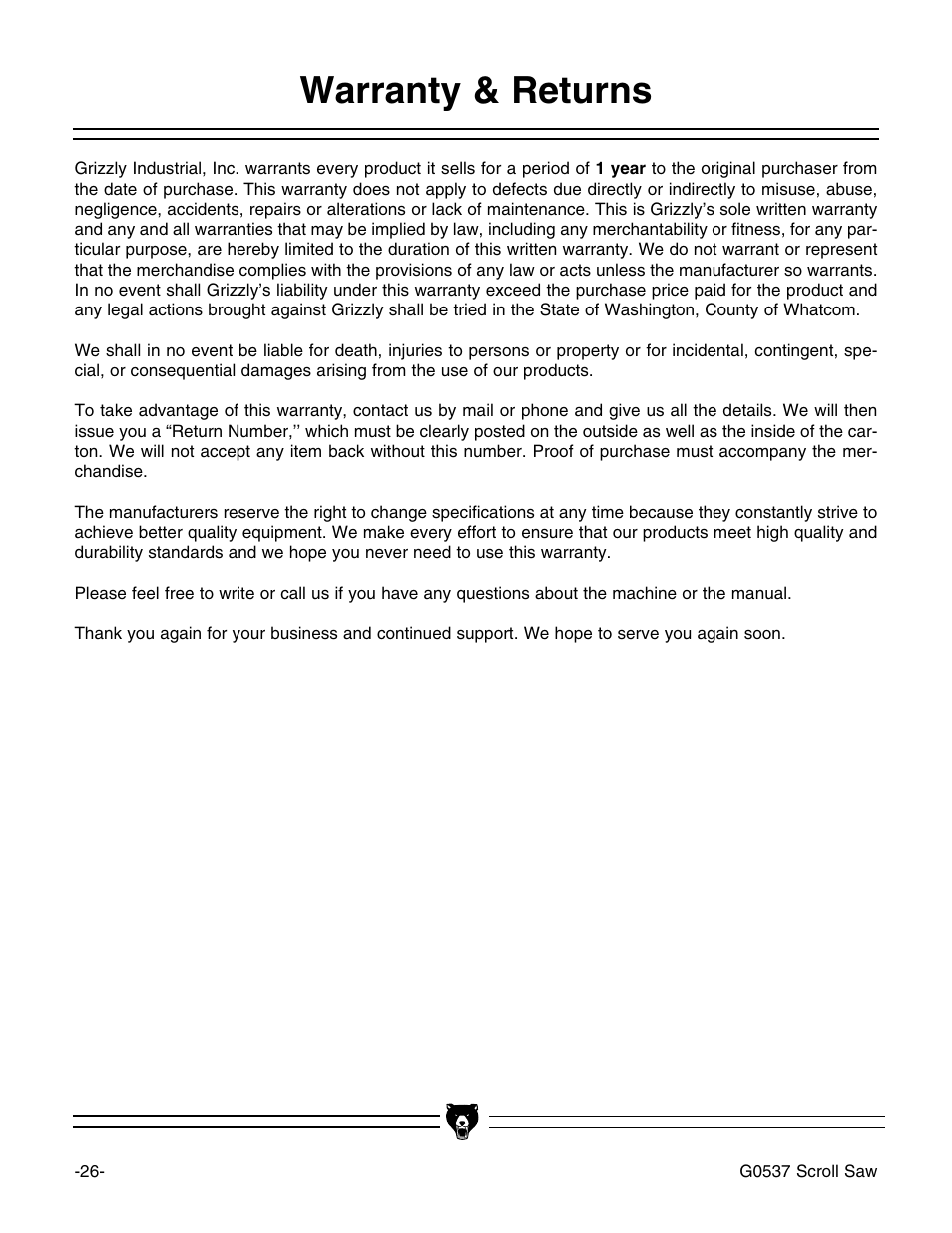 Warranty & returns | Grizzly G0537 User Manual | Page 30 / 31