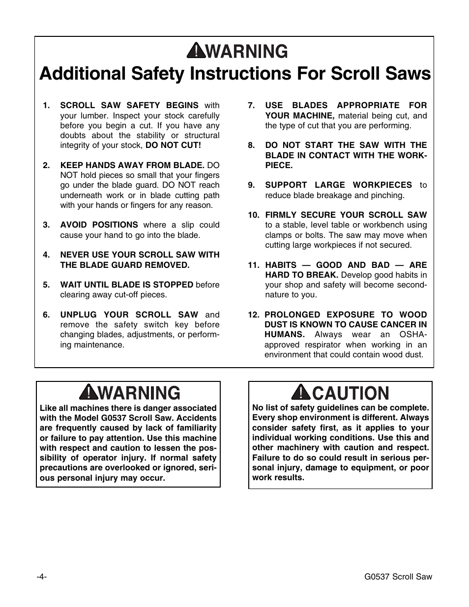 Additional safety instructions for scroll saws | Grizzly G0537 User Manual | Page 7 / 31