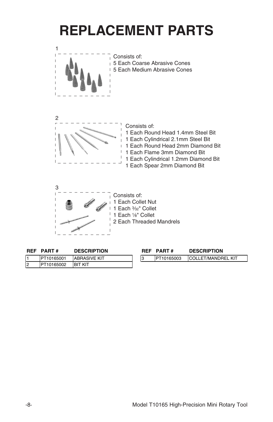 Replacement parts | Grizzly T10165 User Manual | Page 10 / 12