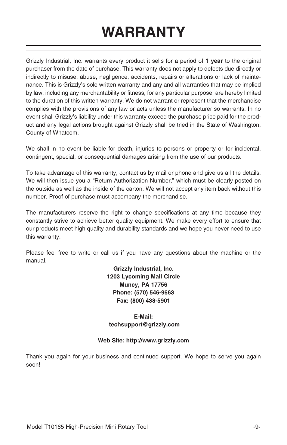 Warranty | Grizzly T10165 User Manual | Page 11 / 12