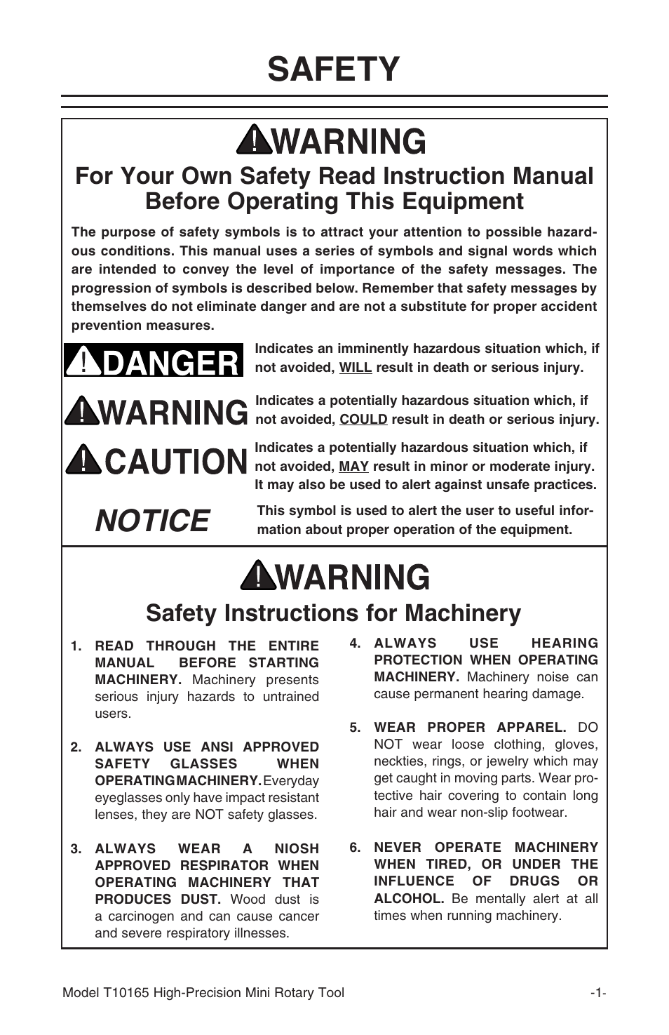 Safety, Notice, Safety instructions for machinery | Grizzly T10165 User Manual | Page 3 / 12