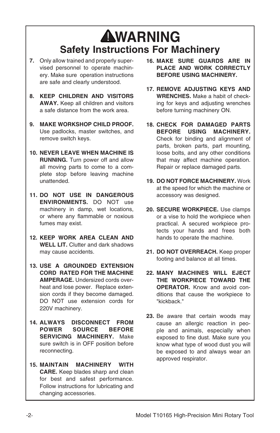 Safety instructions for machinery | Grizzly T10165 User Manual | Page 4 / 12