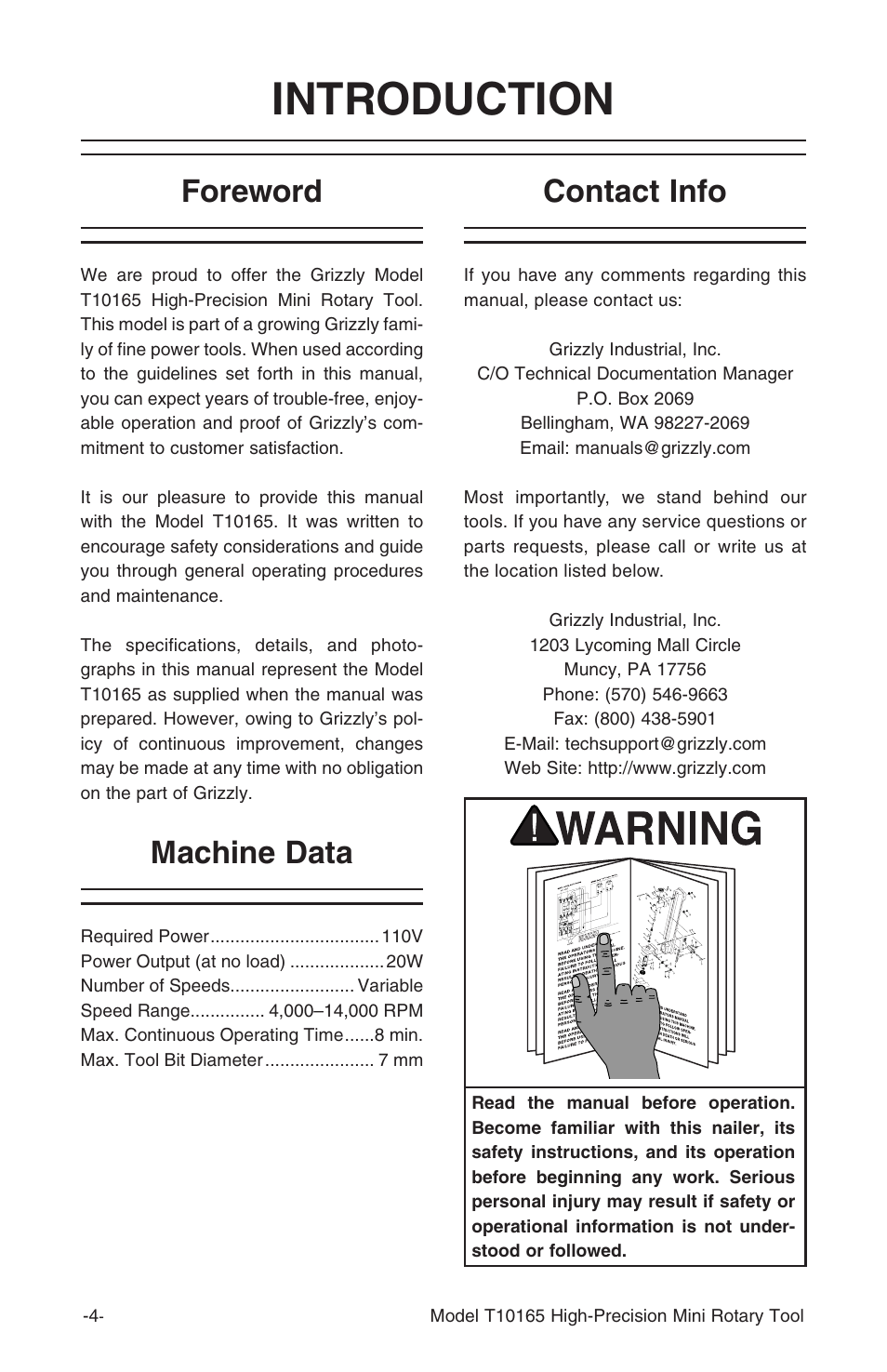 Introduction, Foreword, Machine data | Contact info | Grizzly T10165 User Manual | Page 6 / 12