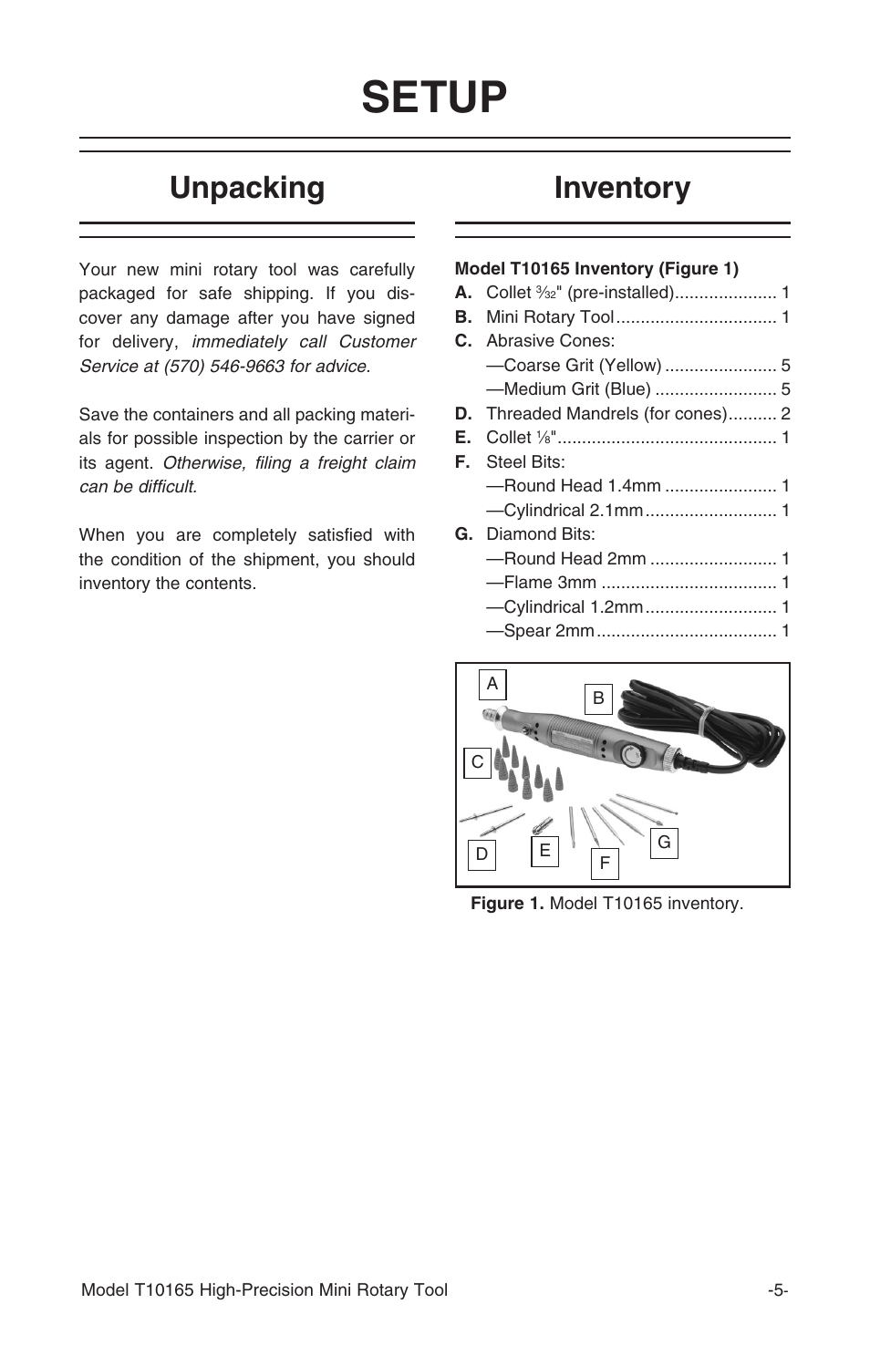 Setup, Unpacking inventory | Grizzly T10165 User Manual | Page 7 / 12