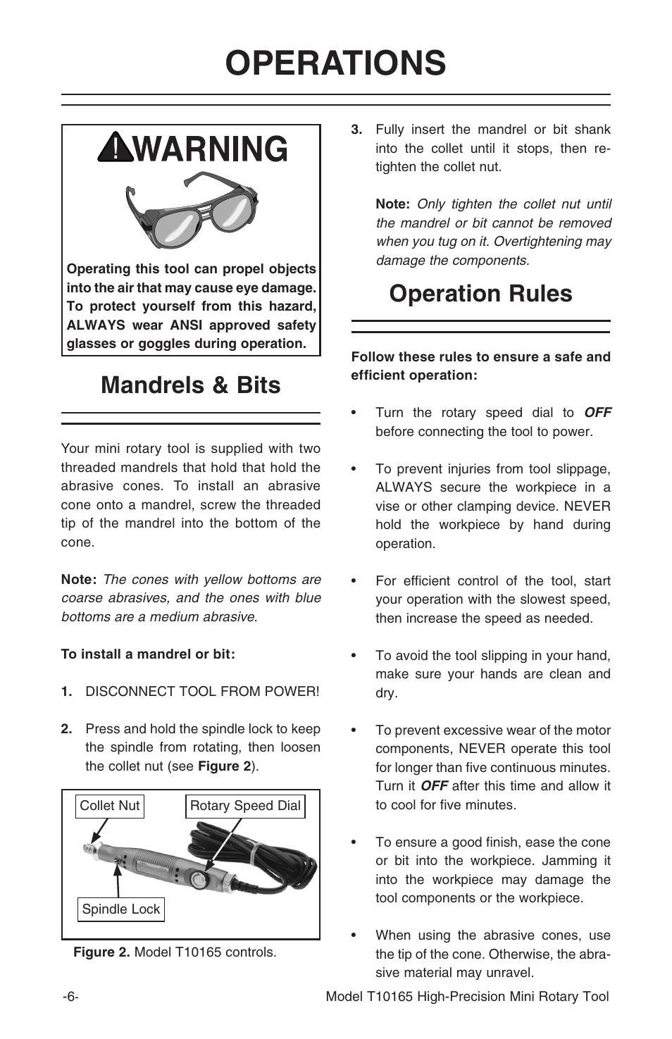 Operations, Mandrels & bits, Operation rules | Grizzly T10165 User Manual | Page 8 / 12