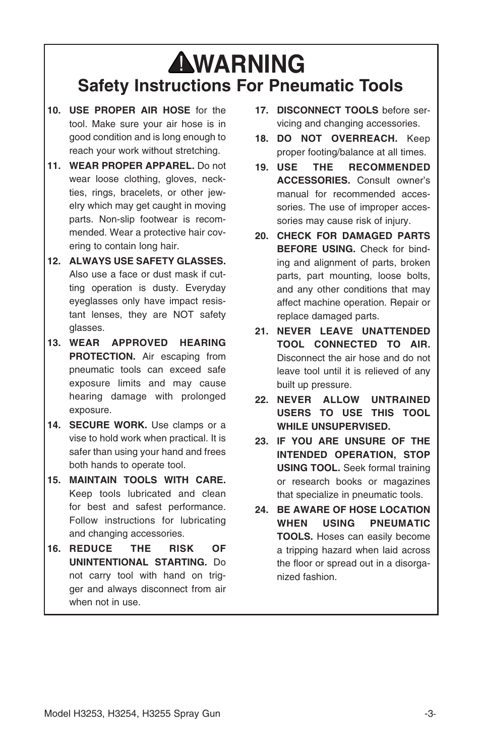 Safety instructions for pneumatic tools | Grizzly H3253 User Manual | Page 3 / 24