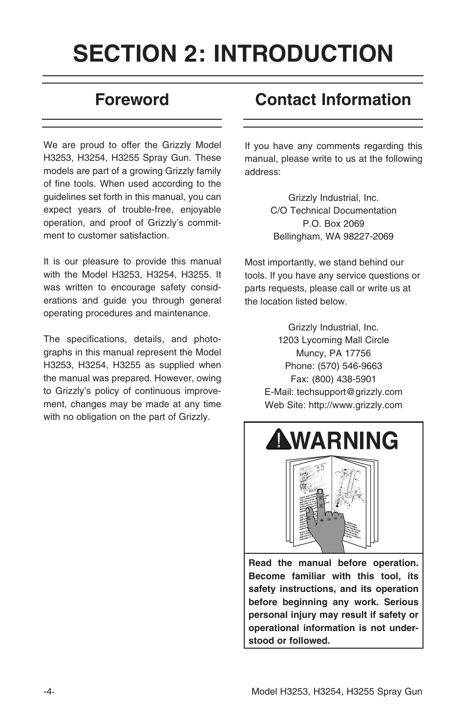 Foreword contact information | Grizzly H3253 User Manual | Page 4 / 24