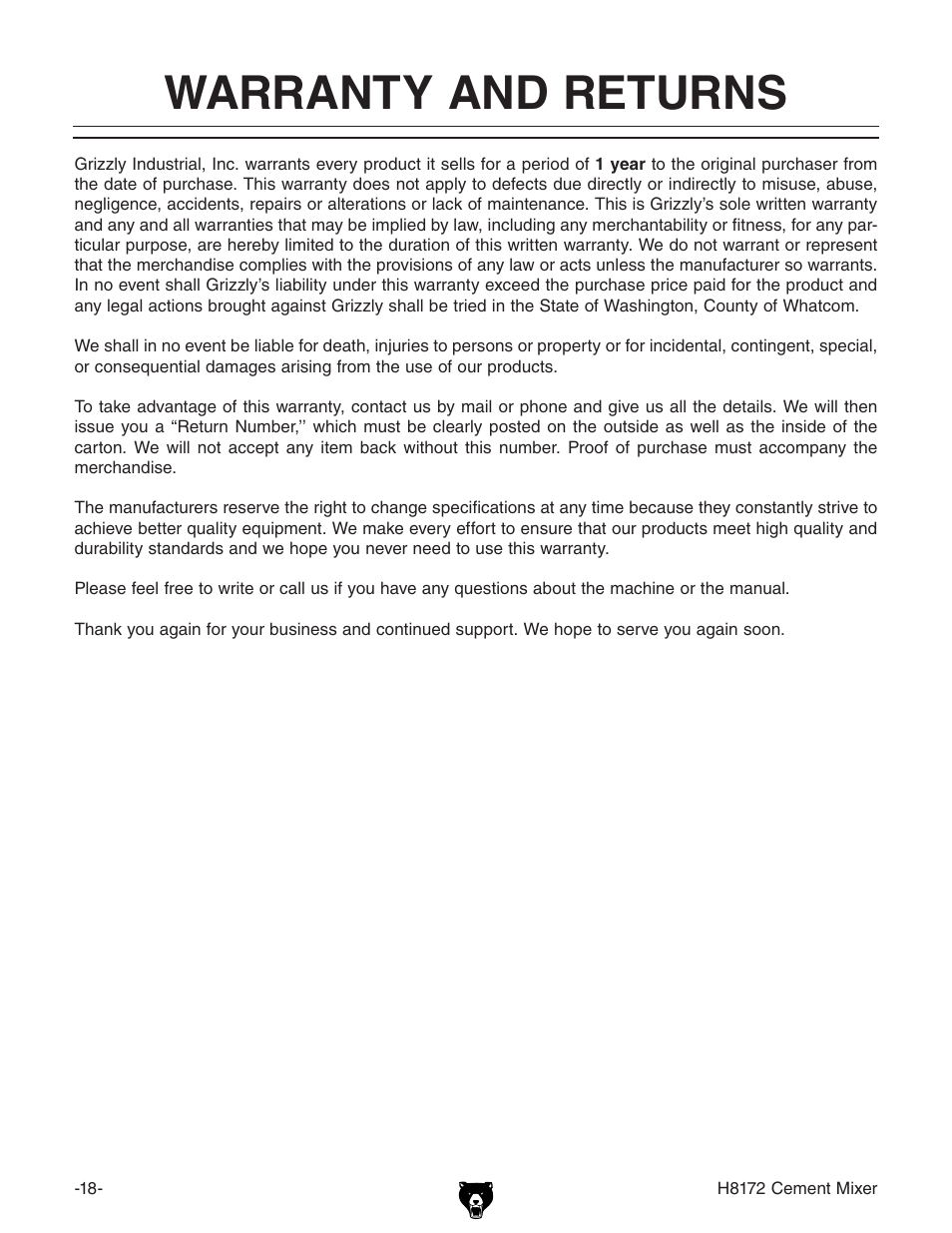 Warranty and returns | Grizzly H8172 User Manual | Page 20 / 24