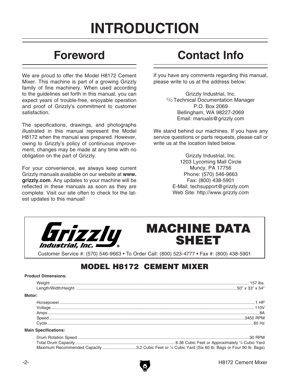 Introduction, Machine data sheet, Foreword | Contact info | Grizzly H8172 User Manual | Page 4 / 24