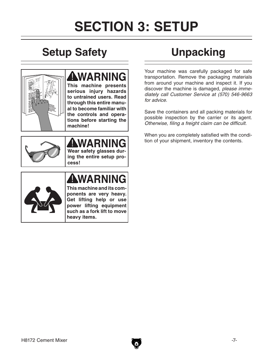 Setup safety, Unpacking | Grizzly H8172 User Manual | Page 9 / 24
