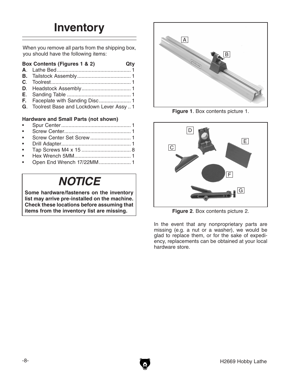 Inventory, Notice | Grizzly H2669 User Manual | Page 10 / 28