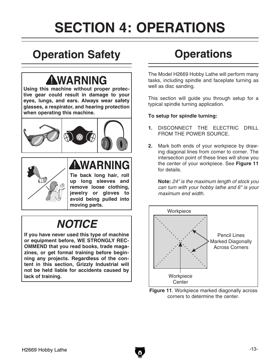 Operation safety, Notice, Operations | Grizzly H2669 User Manual | Page 15 / 28