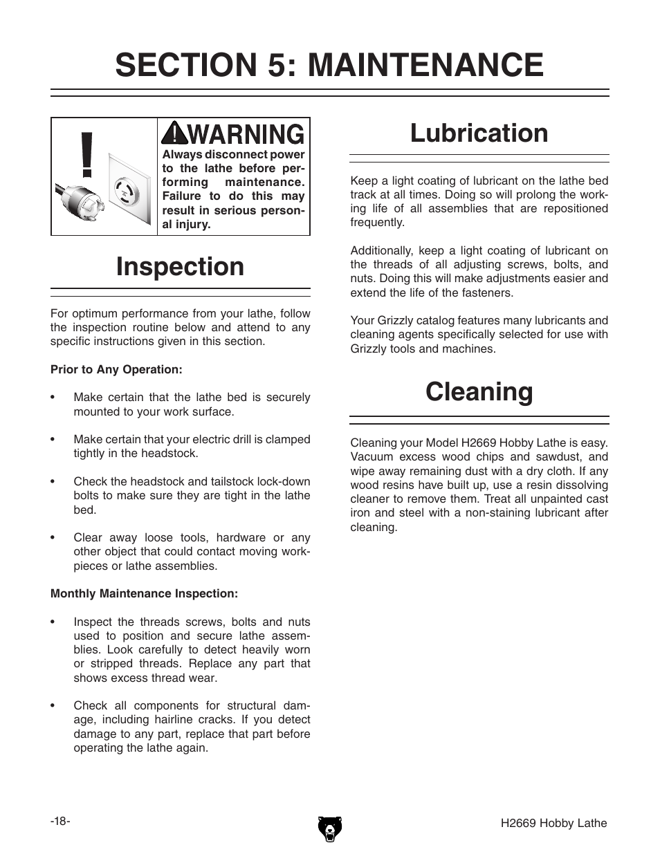 Cleaning, Lubrication, Inspection | Grizzly H2669 User Manual | Page 20 / 28