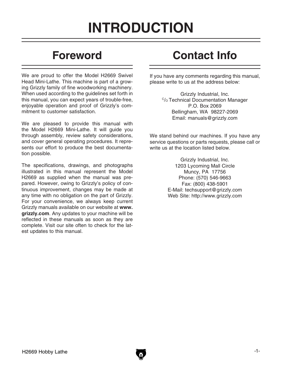 Introduction, Foreword, Contact info | Grizzly H2669 User Manual | Page 3 / 28