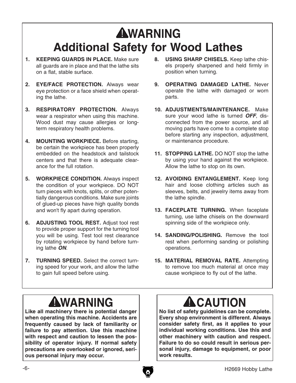 Additional safety for wood lathes | Grizzly H2669 User Manual | Page 8 / 28